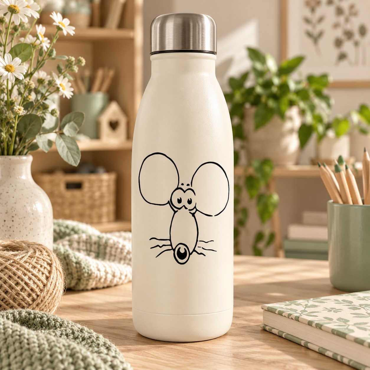 White water bottle with cartoon mouse face head decal and metal cap