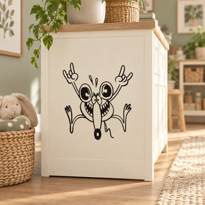 Smiling mouse line-art decal with raised hands, black on light background