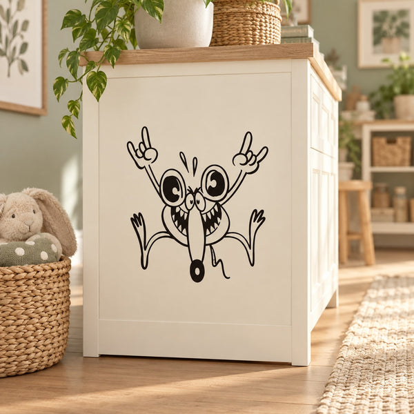 Smiling mouse line-art decal with raised hands, black on light background