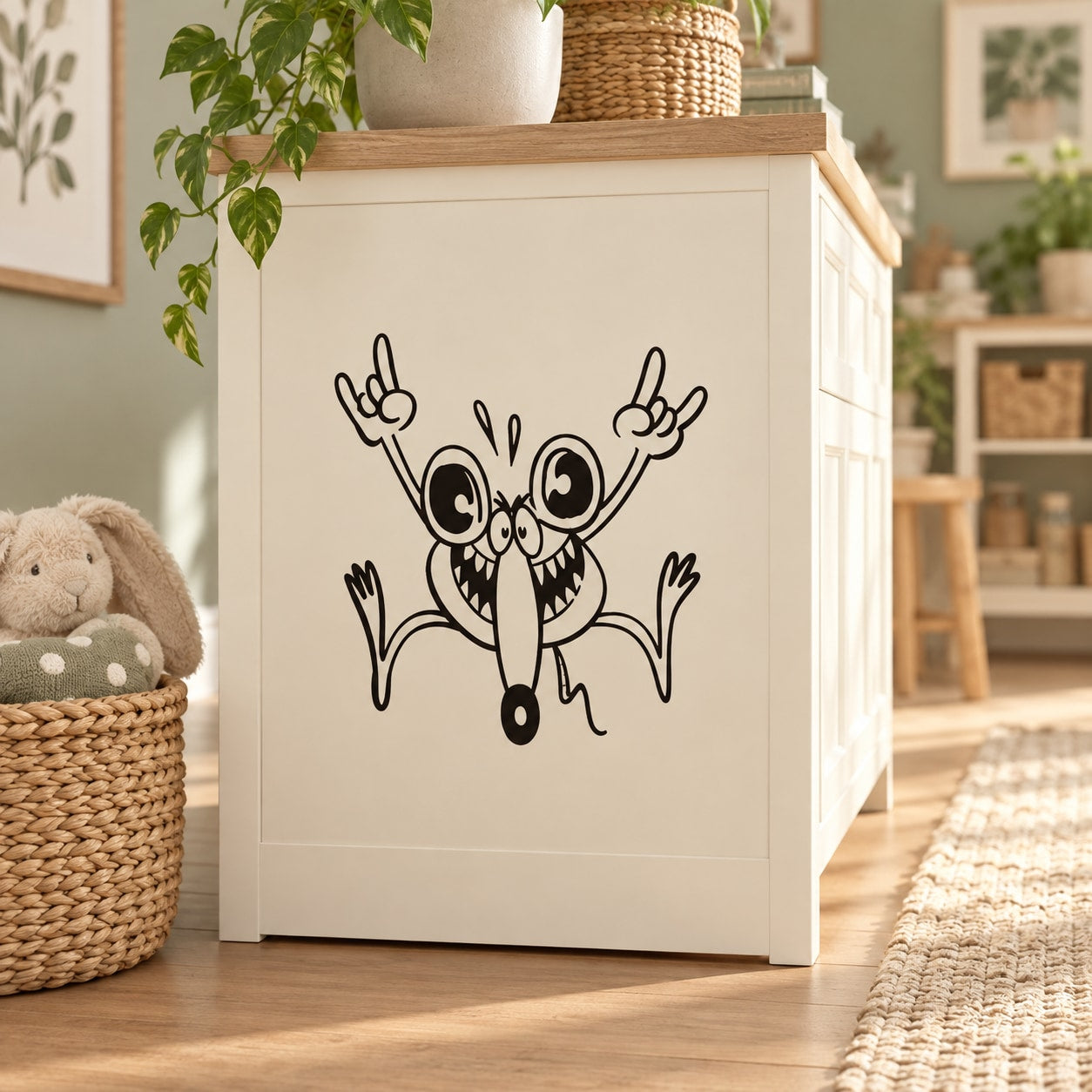 Smiling mouse line-art decal with raised hands, black on light background