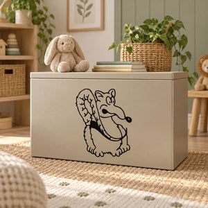 Standing cartoon mouse line-art decal in black on light-colored box front