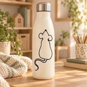 Black outline sitting mouse decal on white water bottle