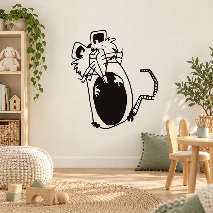 Whimsical mouse wall decal, black standing silhouette with bow and patterned tail