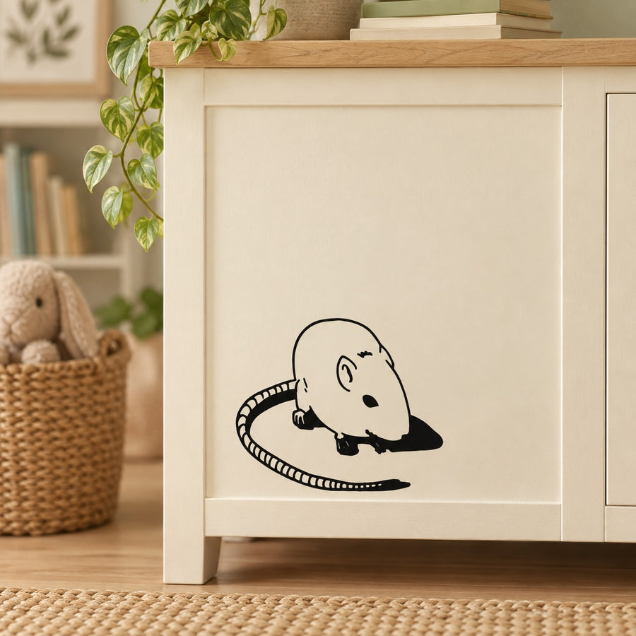 Mouse with shadow wall decal, black line art on a light background