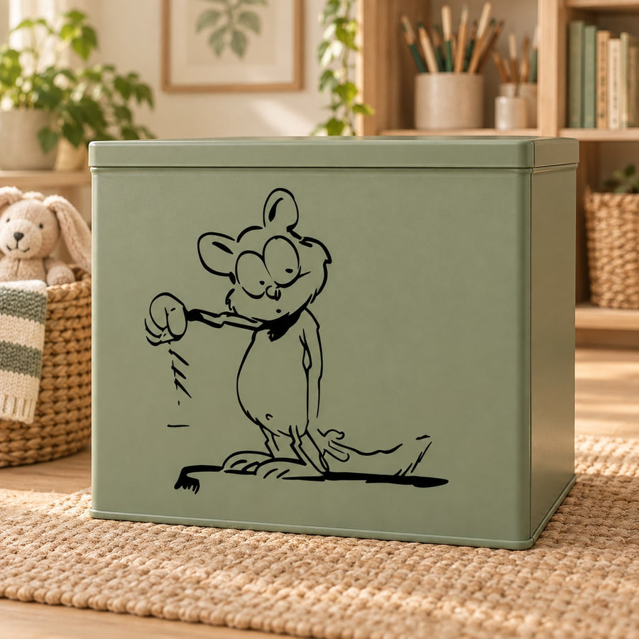 Black line-art mouse decal holding a small object, shown on a green surface