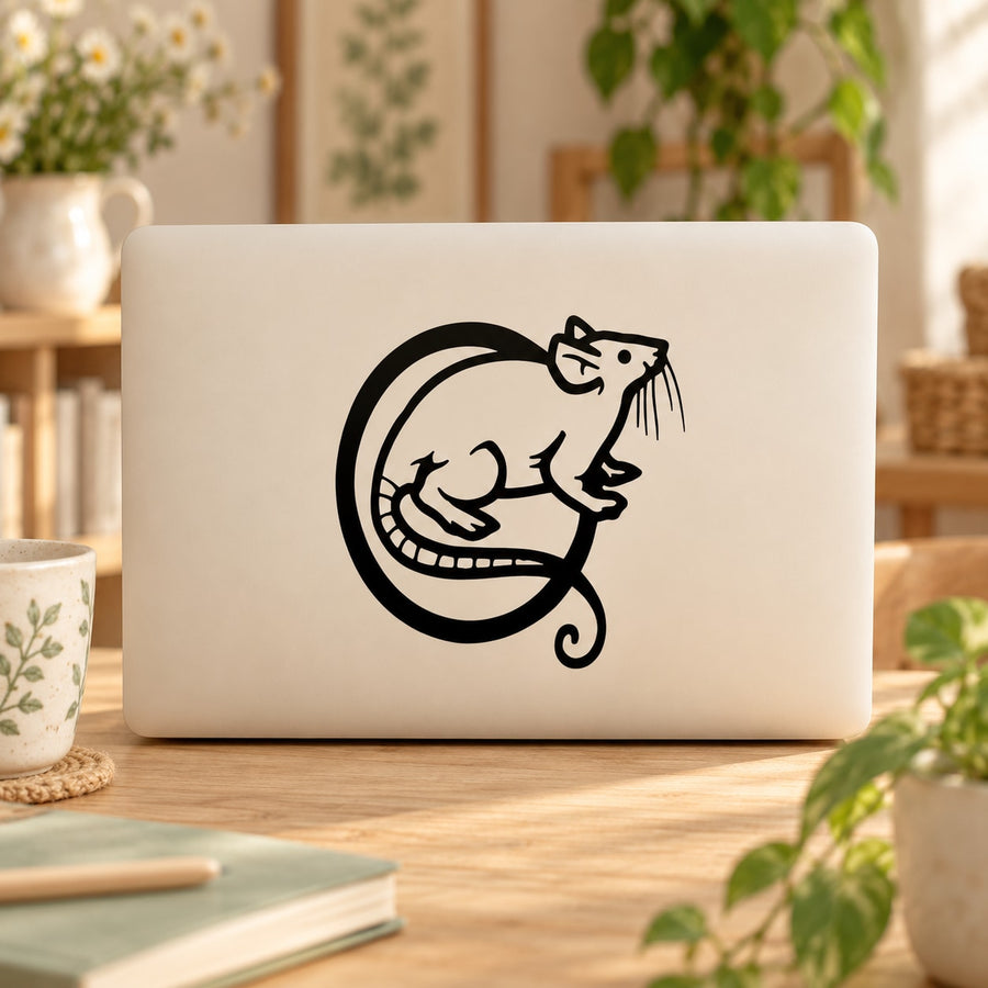 Laptop with black mouse-in-circle decal