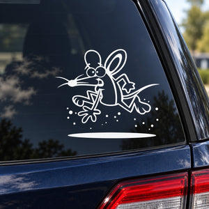 Mousey mouse car window decal, outlined cartoon mouse with splashes and star
