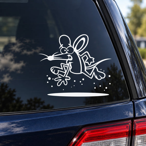 Mousey mouse car window decal, outlined cartoon mouse with splashes and star
