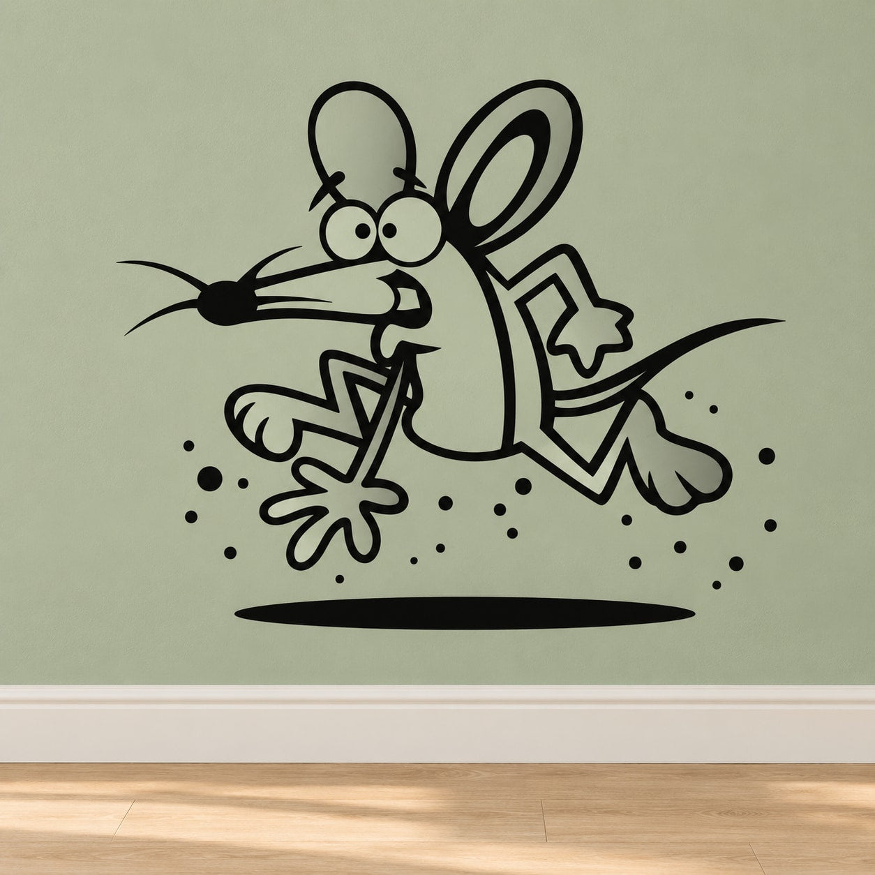 Cartoon mouse sticker with black outline and white fill, dynamic running pose