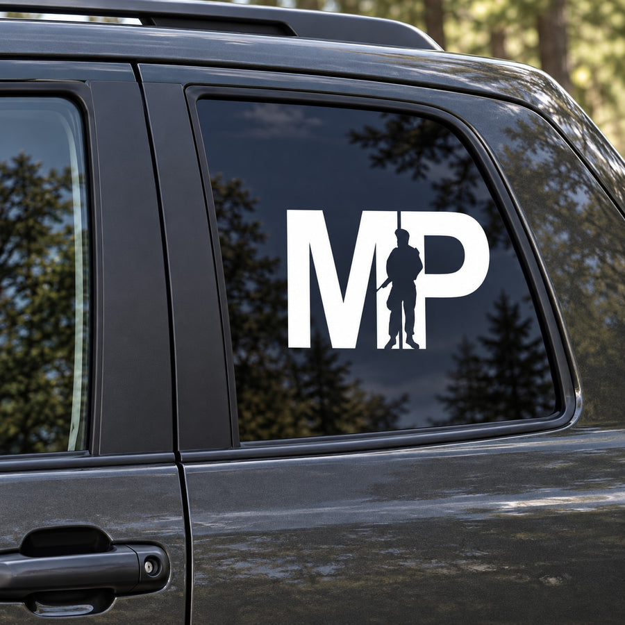 White MP police logo decal with silhouette figure in window