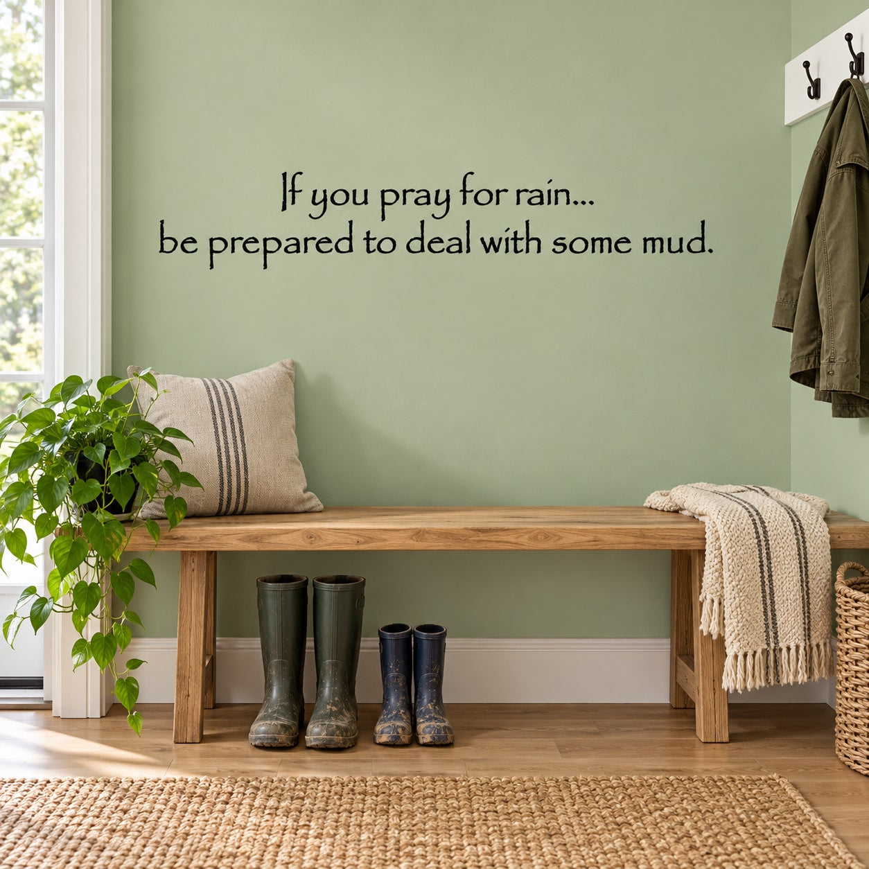 Wall decal quote: “If you pray for rain… deal with some mud.”