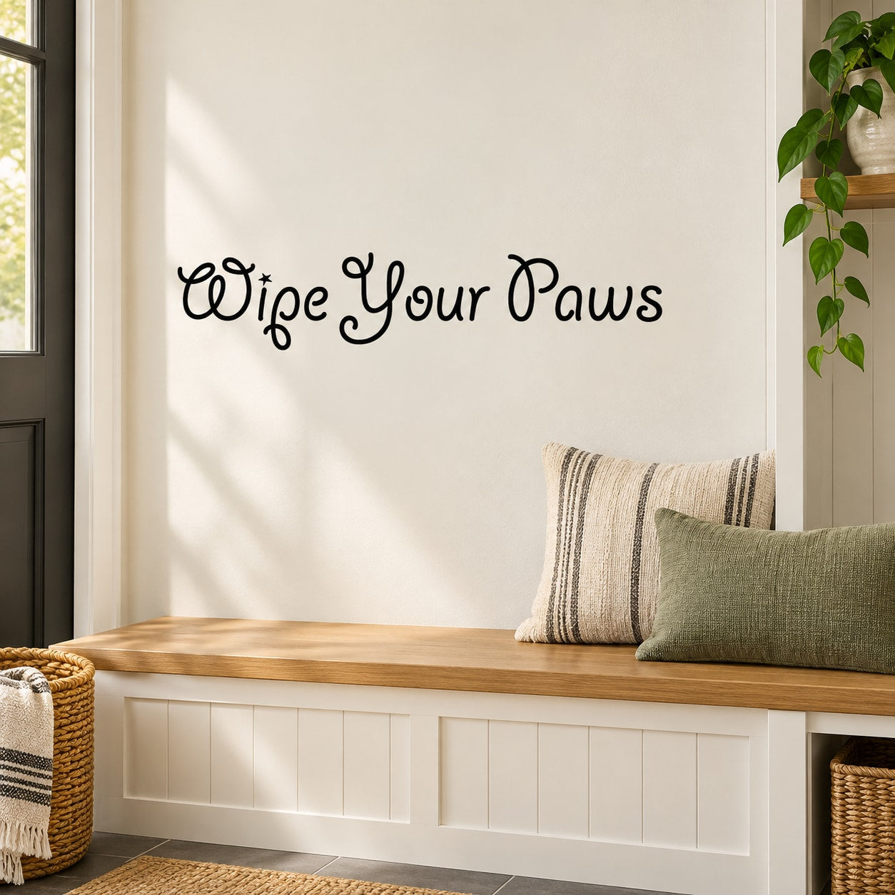 Black cursive wall decal reading "Wipe Your Paws"
