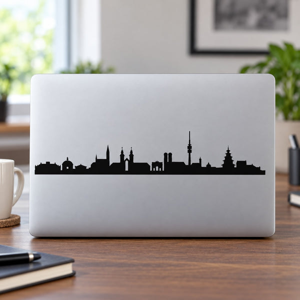 Black Munich skyline silhouette decal on white laptop lid