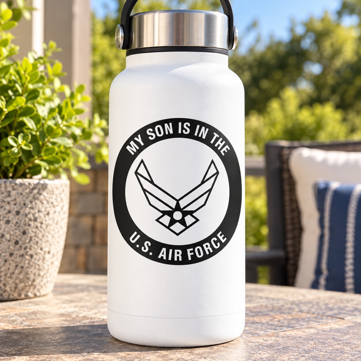 White reusable water bottle with black US Air Force decal