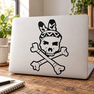 Skull and crossbones vinyl wall decal with feathered headband in black