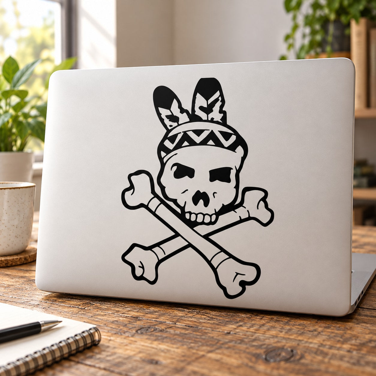 Skull and crossbones vinyl wall decal with feathered headband in black