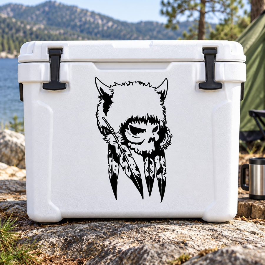 Black buffalo skull decal with horned headdress design