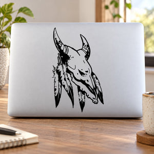 Skull cow horns feathers vinyl wall decal with black detailed animal skull graphic