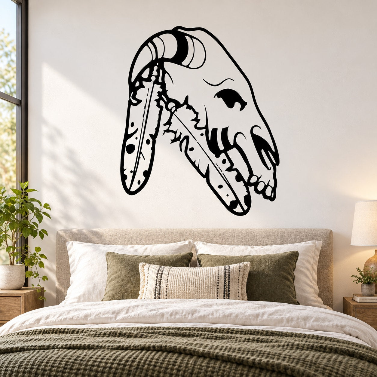 Native American head vinyl wall decal, black line art with feather headdress