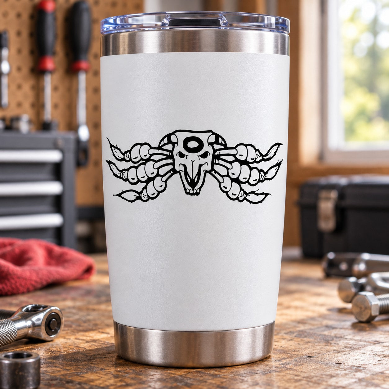 Native American skull vinyl decal with ornate black graphic, arms and scrollwork