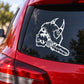 Vinyl decal of a white stylized buffalo skull with feather on car window