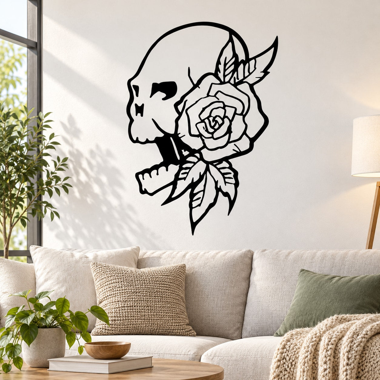 Native American wall vinyl decal of black profile with rose and feathers