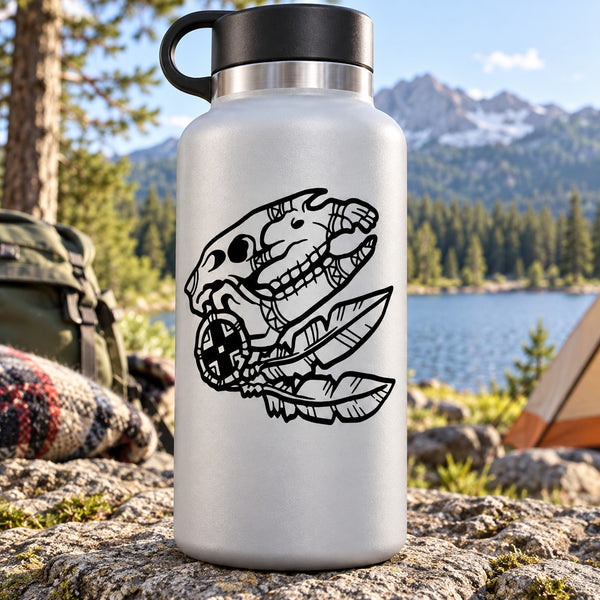 Stainless steel water bottle with Native skull hand-drawn style vinyl decal