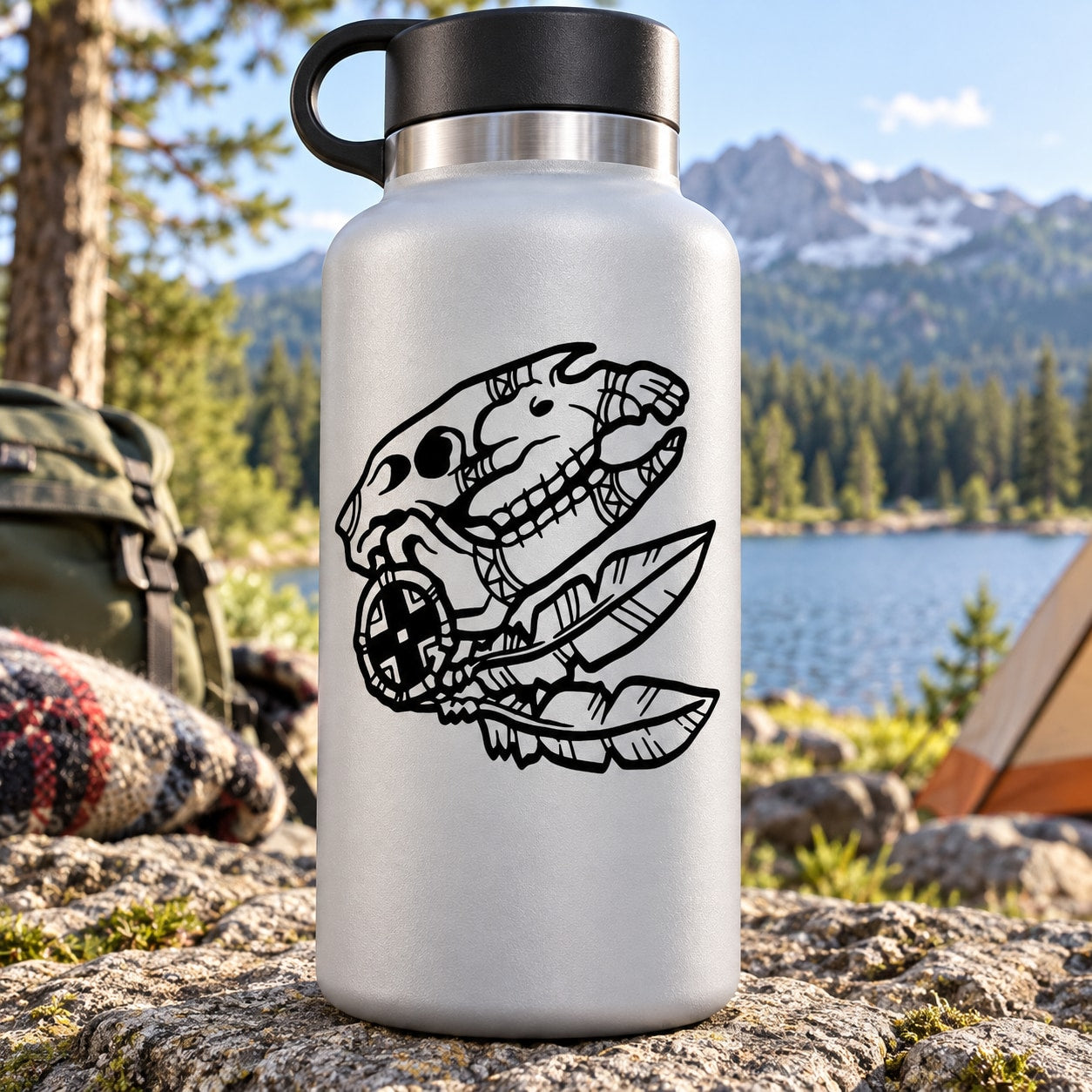 Stainless steel water bottle with Native skull hand-drawn style vinyl decal