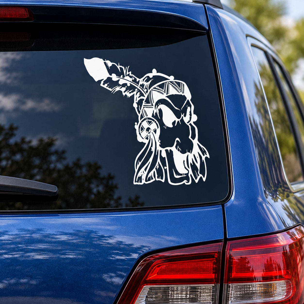 White Native American warrior headdress vinyl decal on car window