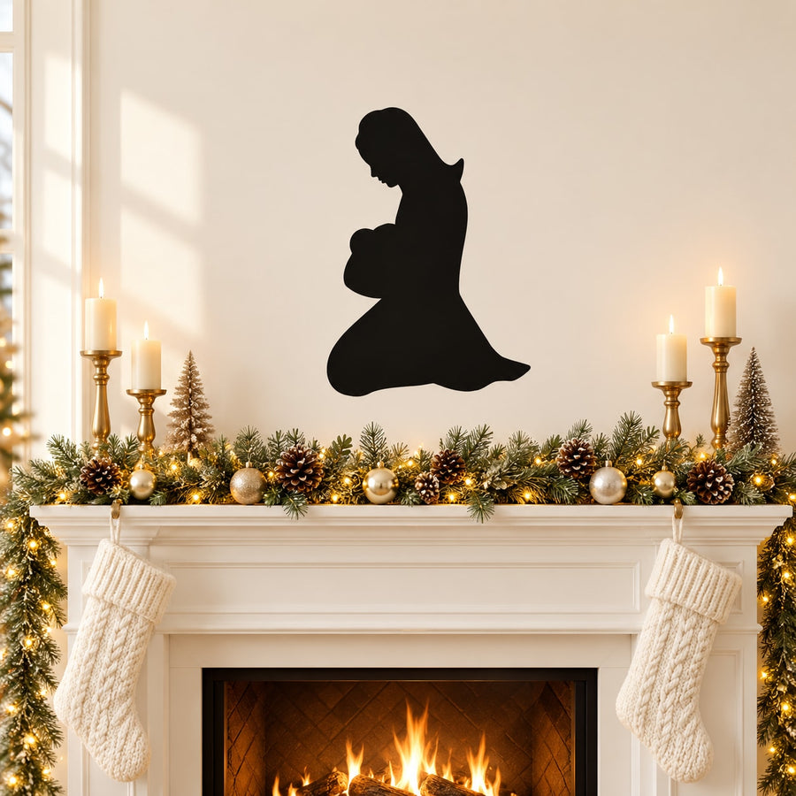 Religious kneeling Mary decal with black silhouette figure