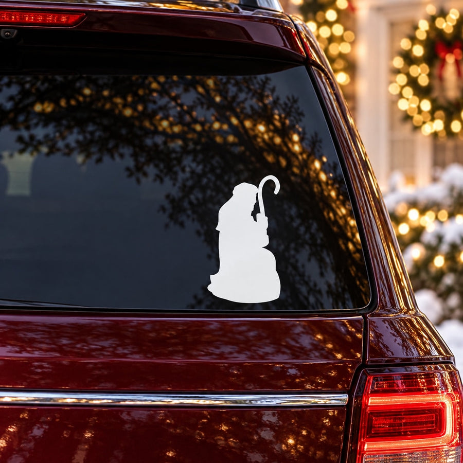 White kneeling shepherd with cane nativity decal for car rear window