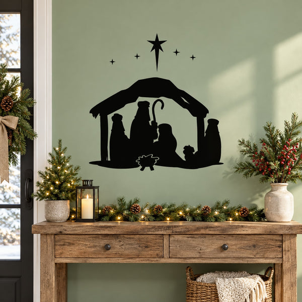 Nativity manger wall decal with black silhouette of stable, shepherd figures, and star