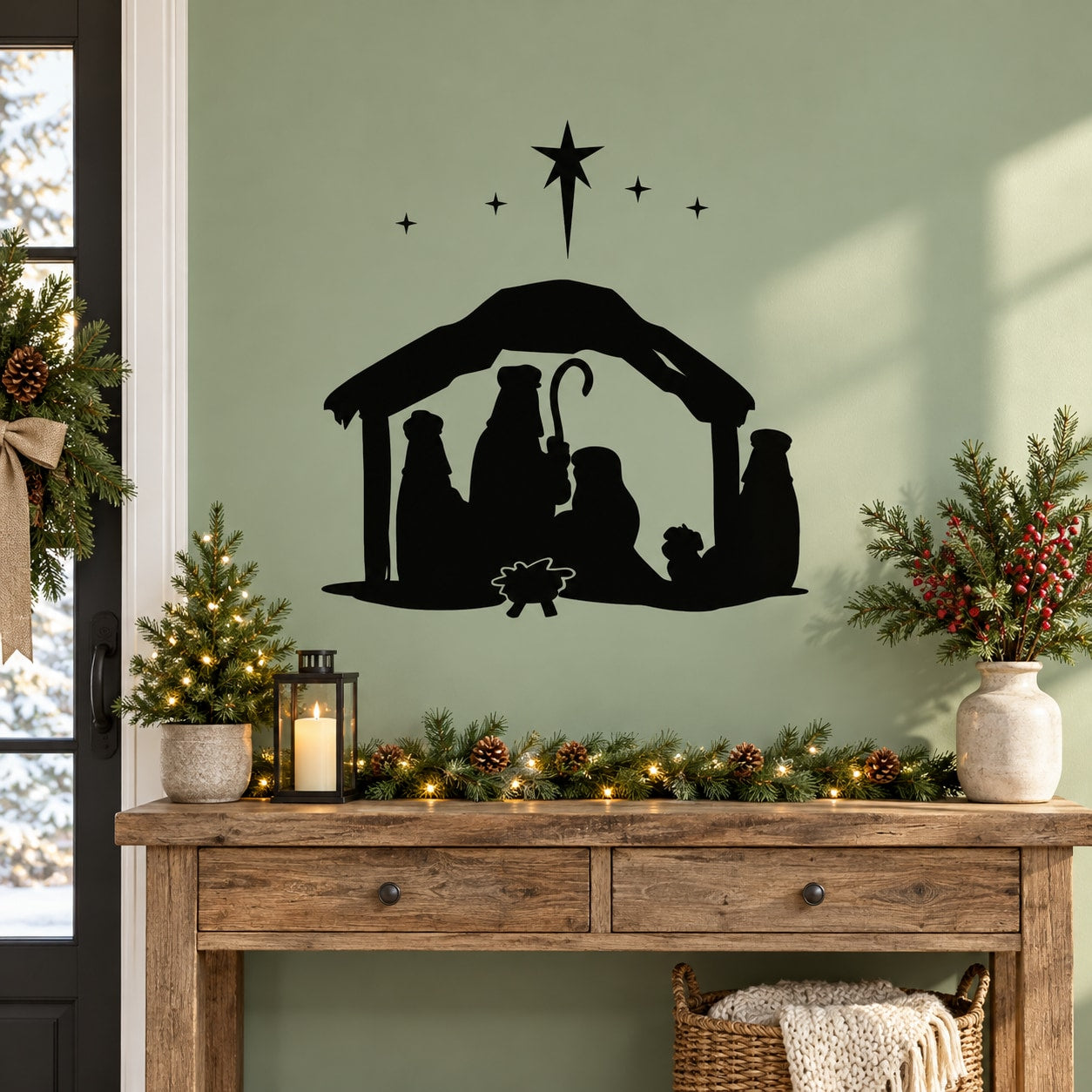 Nativity manger wall decal with black silhouette of stable, shepherd figures, and star