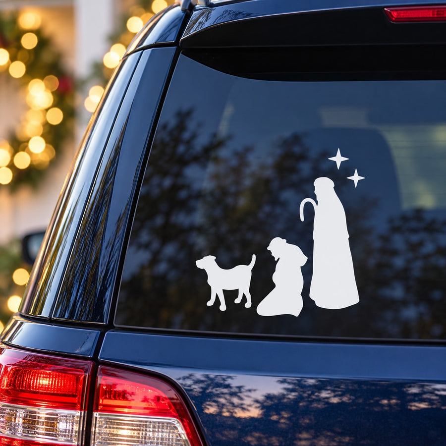 White nativity onlookers with dog decal for car windows, star and figures