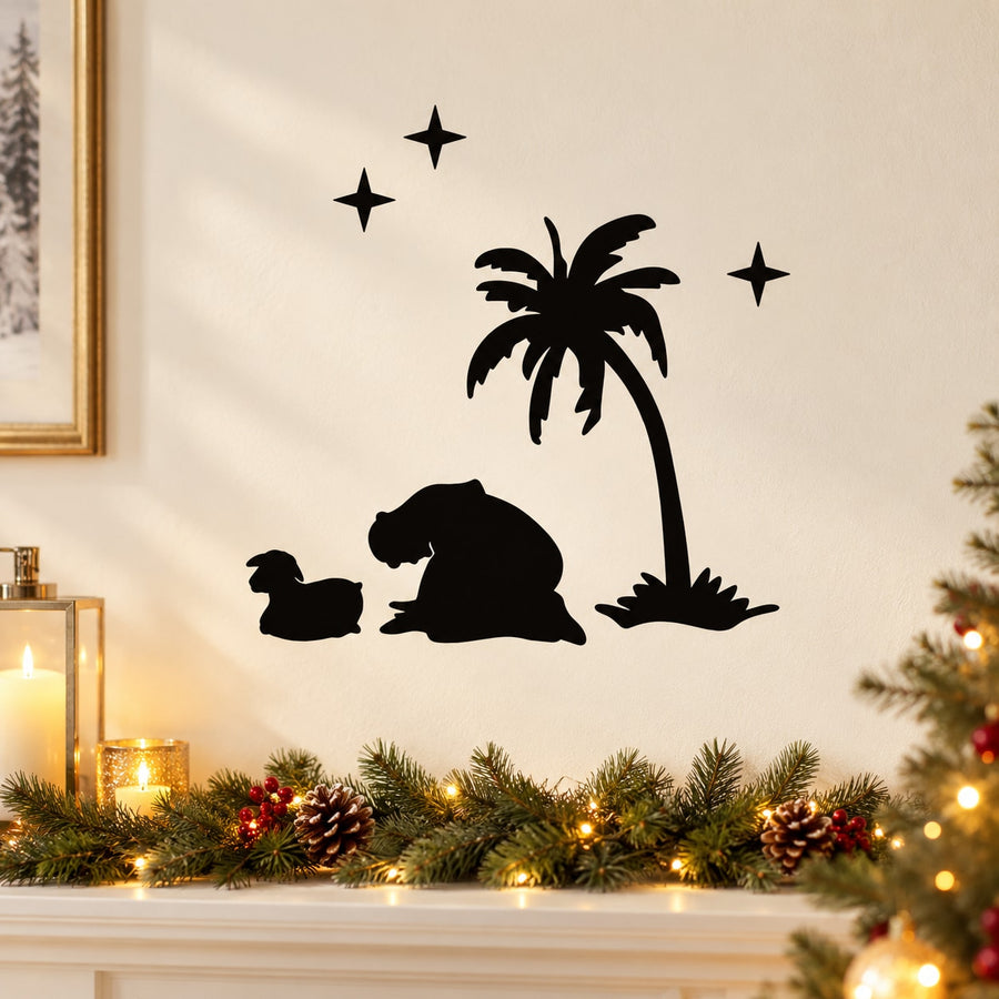 Black shepherd with sheep and palm tree wall decal with stars