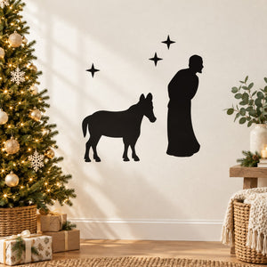 Black nativity mule and onlooker decal with two silhouettes and stars