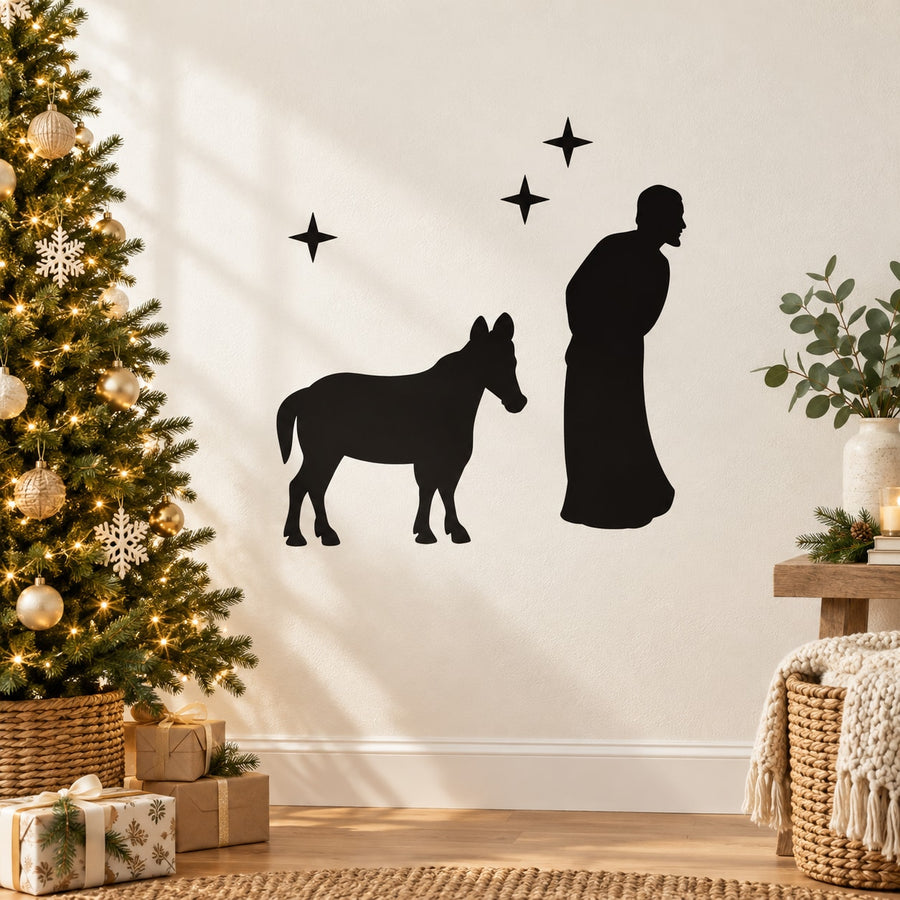 Black nativity mule and onlooker decal with two silhouettes and stars