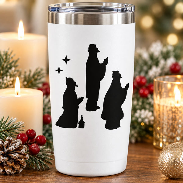 Wise men decal of three standing silhouettes with stars on white cup