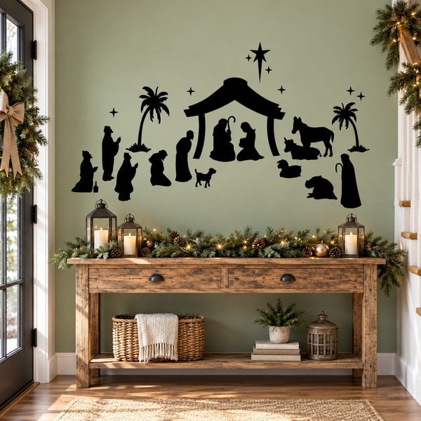 Black nativity scene wall decal with star, stable, figures, and animals.