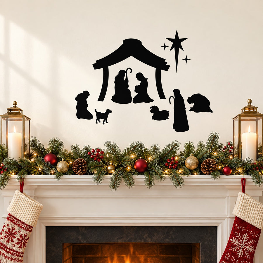 Small black nativity scene wall decal with stable silhouettes, star and figures