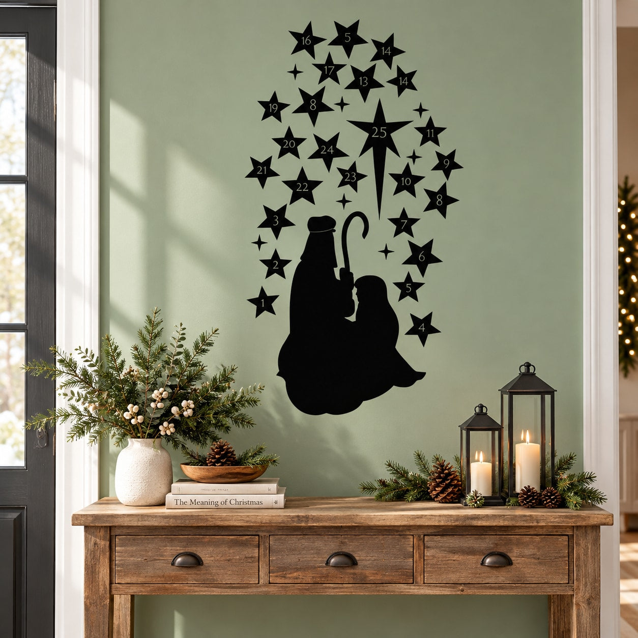 Nativity silhouette wall decal with star shapes and numbered stars