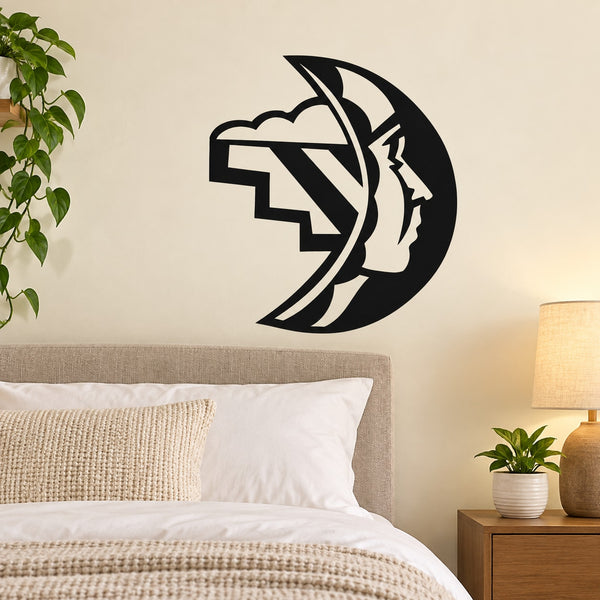 Indian man in the moon wall decal, black crescent with profile and feather details