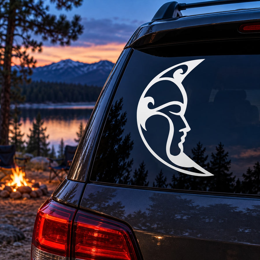 Woman Crescent Moon Decal — illustrative vinyl decal application mockup. Surrounding objects are not included.