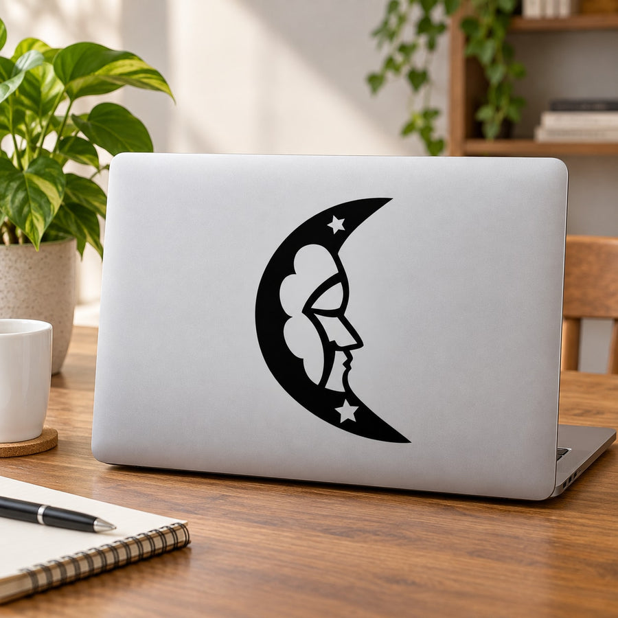 Sleeping Woman Crescent Moon Decal — illustrative vinyl decal application mockup. Surrounding objects are not included.