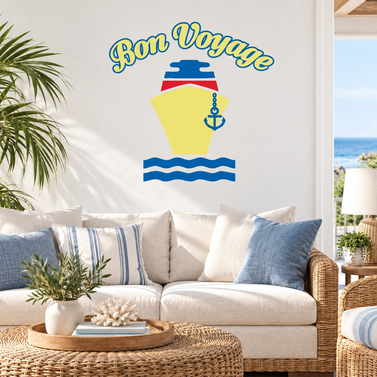 Bon Voyage printed die-cut decal with blue anchor and yellow map silhouette