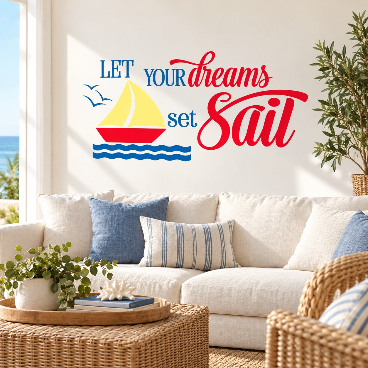 Let your dreams set sail printed die-cut wall decal with sailboat and waves