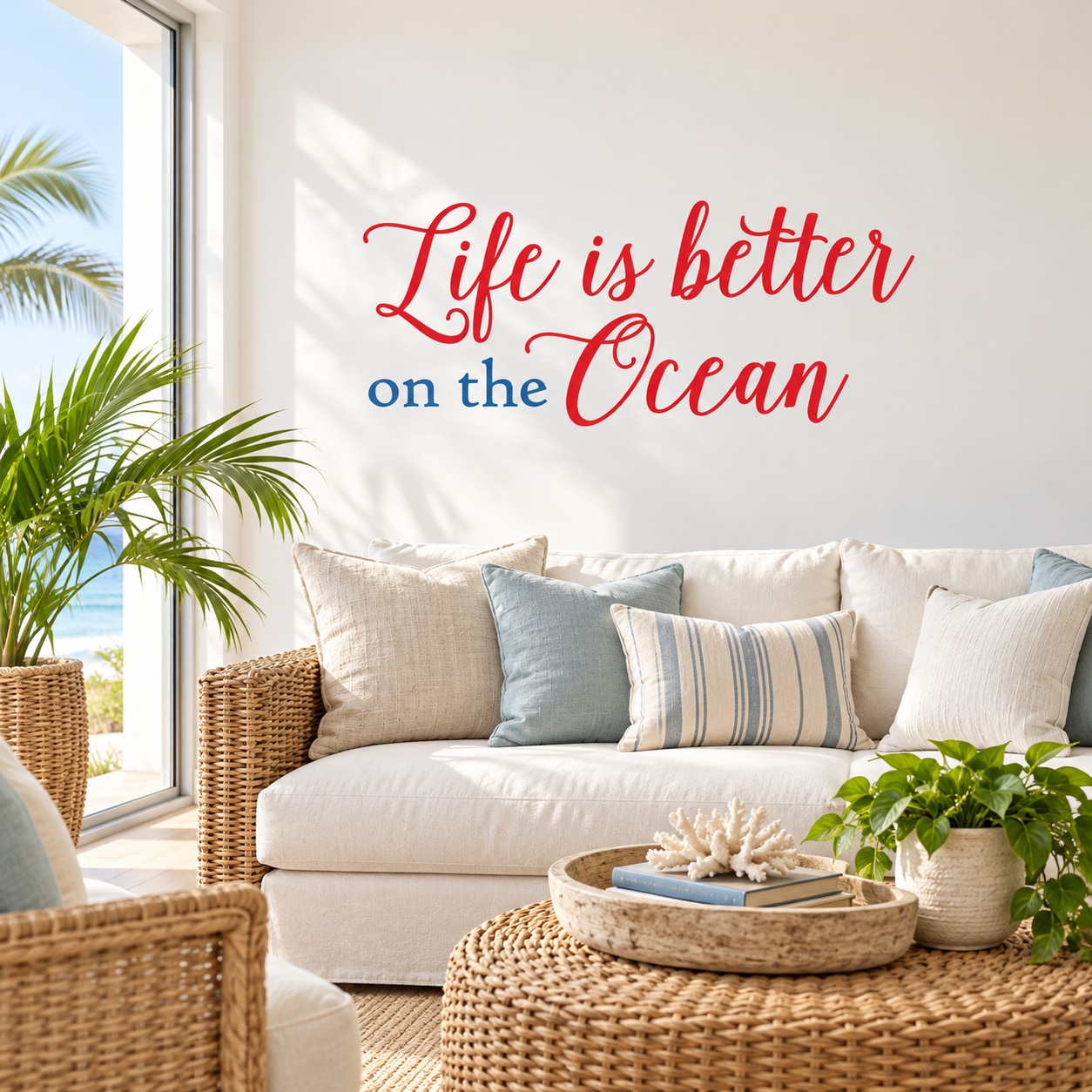 Die-cut ocean themed decal with script text "Life is better on the Ocean"