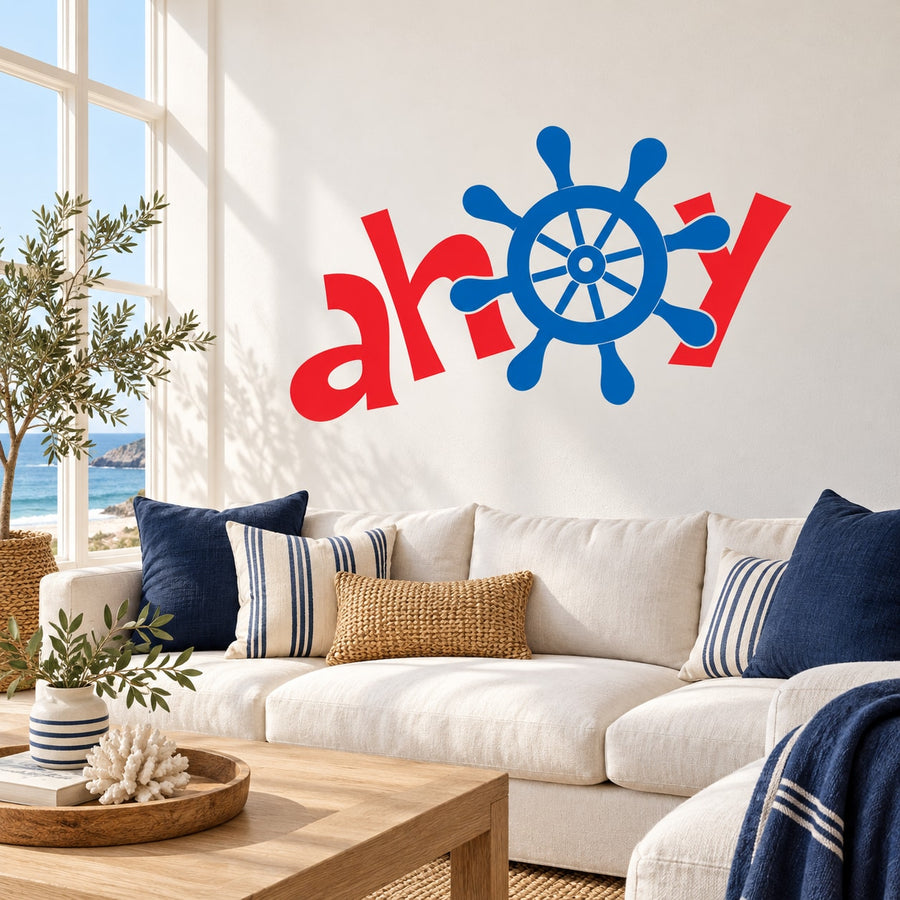 Nautical wall decal with red 'ahoy' lettering and blue ship wheel graphic