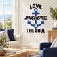 Wall decal with blue anchor and bold 'LOVE ANCHORS THE SOUL' text