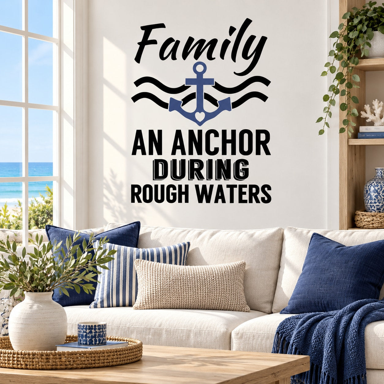Family wall decal with blue anchor and waves, text: 'An Anchor During Rough Waters'